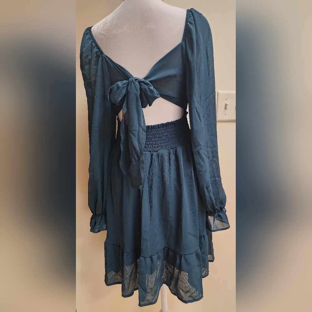 NWT Women's Peacock Blue Boho Ruffle Dress Long Lantern Sleeves Size S - Picture 10 of 15